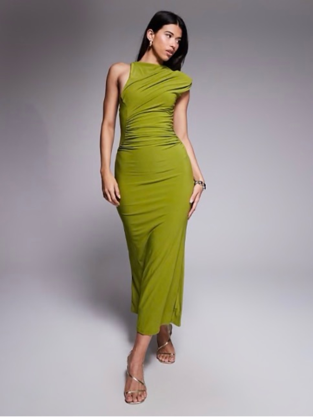 ASOS Olive Green One-Shoulder Ruched Midi Dress
